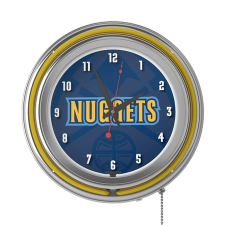 Denver Nuggets NBA Fade Chrome Double Ring Neon Clock - Dark Blue, Yellow