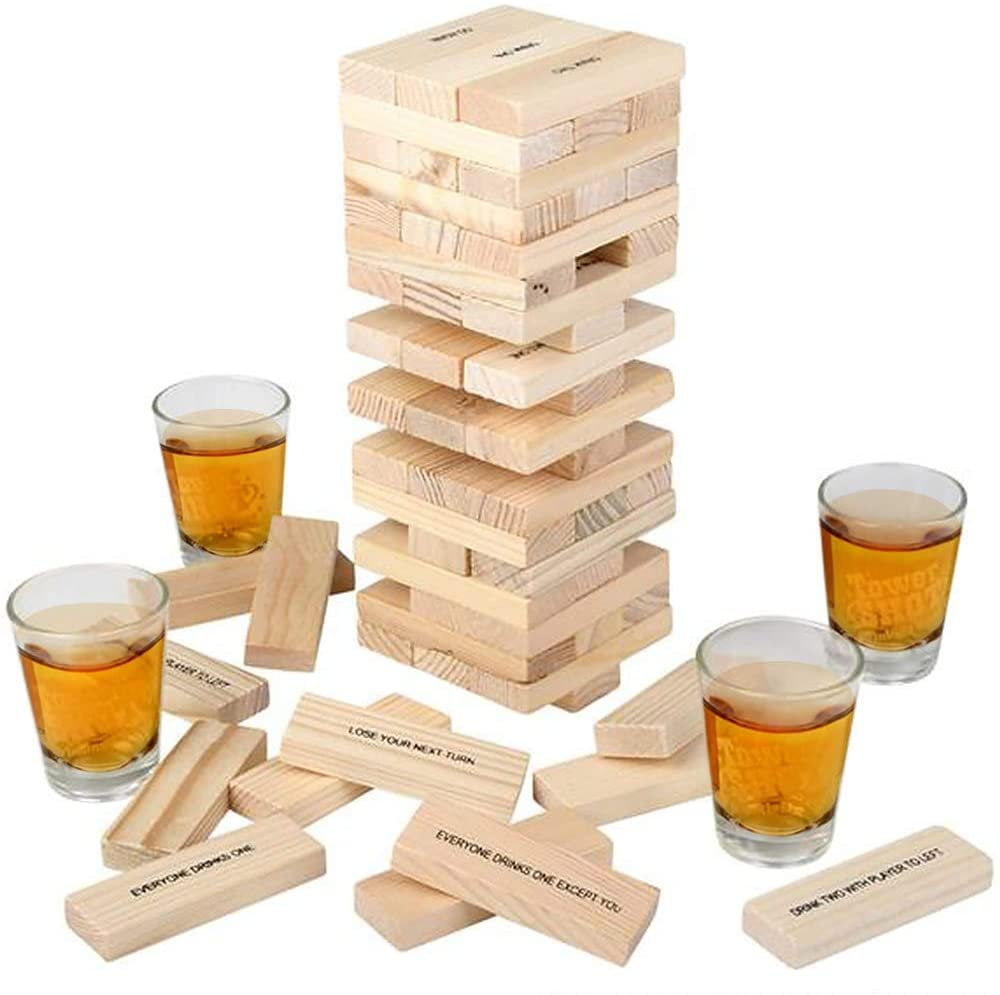 ICUP iPartyHard - Drunken Tower: The Grab A Piece Adult Drinking Game  includes 60 wooden blocks^ 4 glass shot glasses