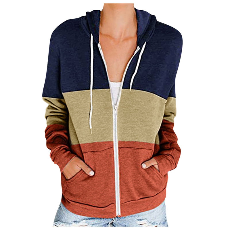 Eoeth Womens Triple Color Block Winter Sweatshirt Stitching Casual Hooded Drawstring Top Blouse Hoodie Windbreaker Outwear