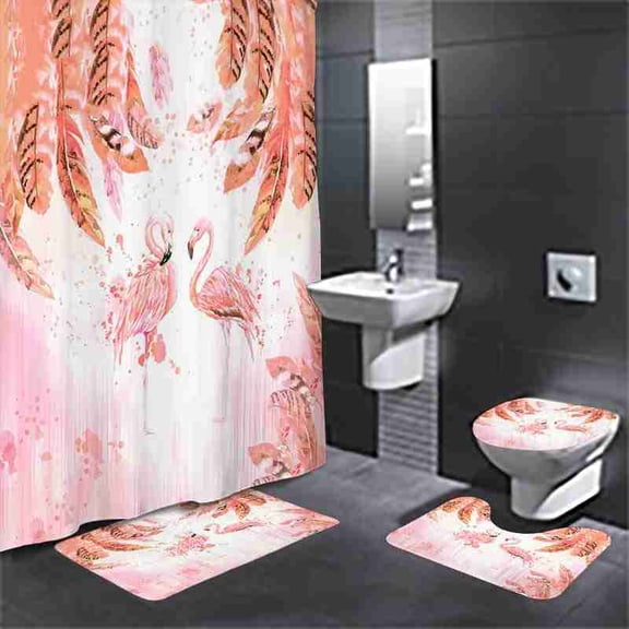 Pink Flamingo and Watercolor Feather 4-Piece Shower Curtain Set with Bath Mats and Toilet Lid Cover for Bathroom Decor