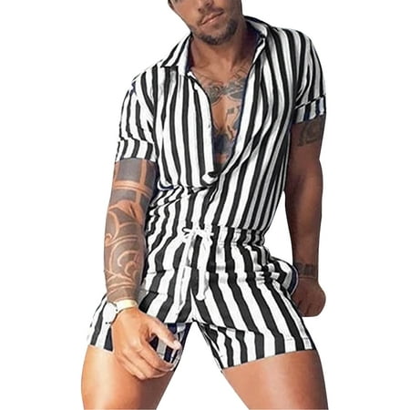 

Sunisery Men’s Casual Short-sleeved Jumpsuit Summer Stripe Single-breasted One Piece Short Pants Romper Black XXL