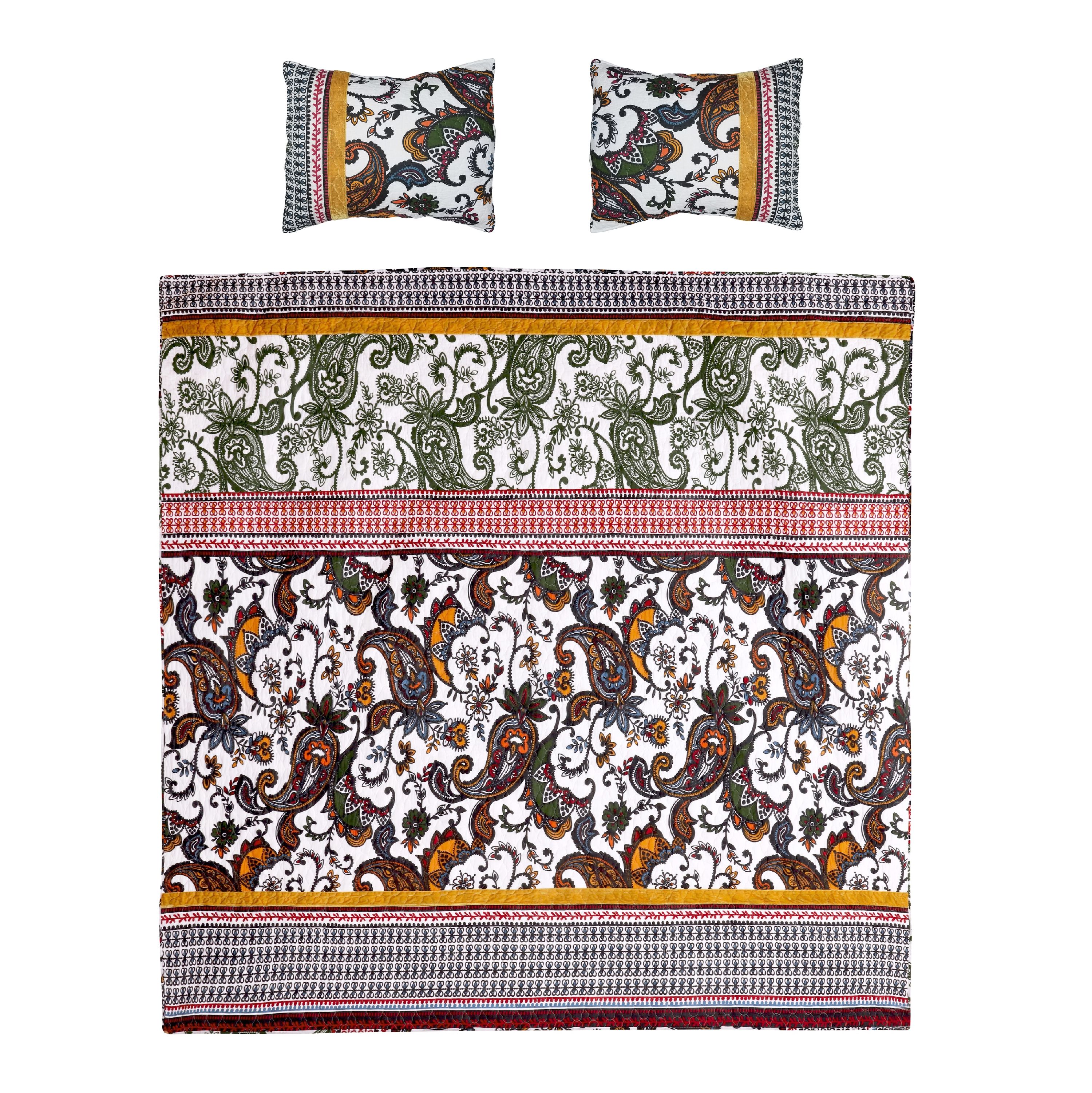 Global Trends Olivia Velvet-Embellished Cotton Quilt Set Featuring Boho Paisleys, 3-Piece Full/Queen