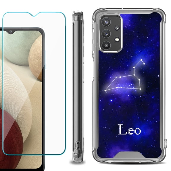 Shockproof Bumper Phone Case for Samsung Galaxy A32 5G, with Tempered Glass Screen Protector, by OneToughShield ® - Zodiac / Leo