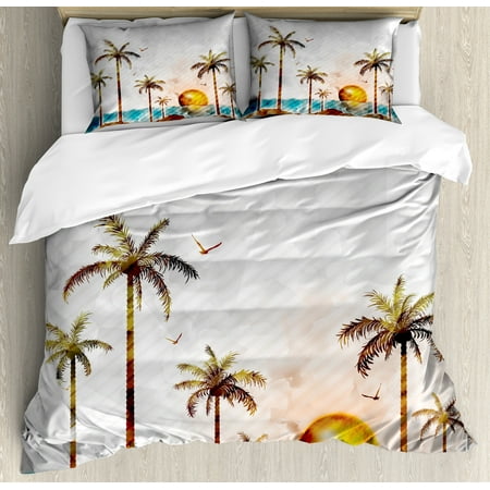 Island Duvet Cover Set Tropical Landscape In Watercolor Style Palm Island Duvet Cover Set Tropical Landscape In Watercolor Style Palm Trees Ocean Waves Sunset Beach