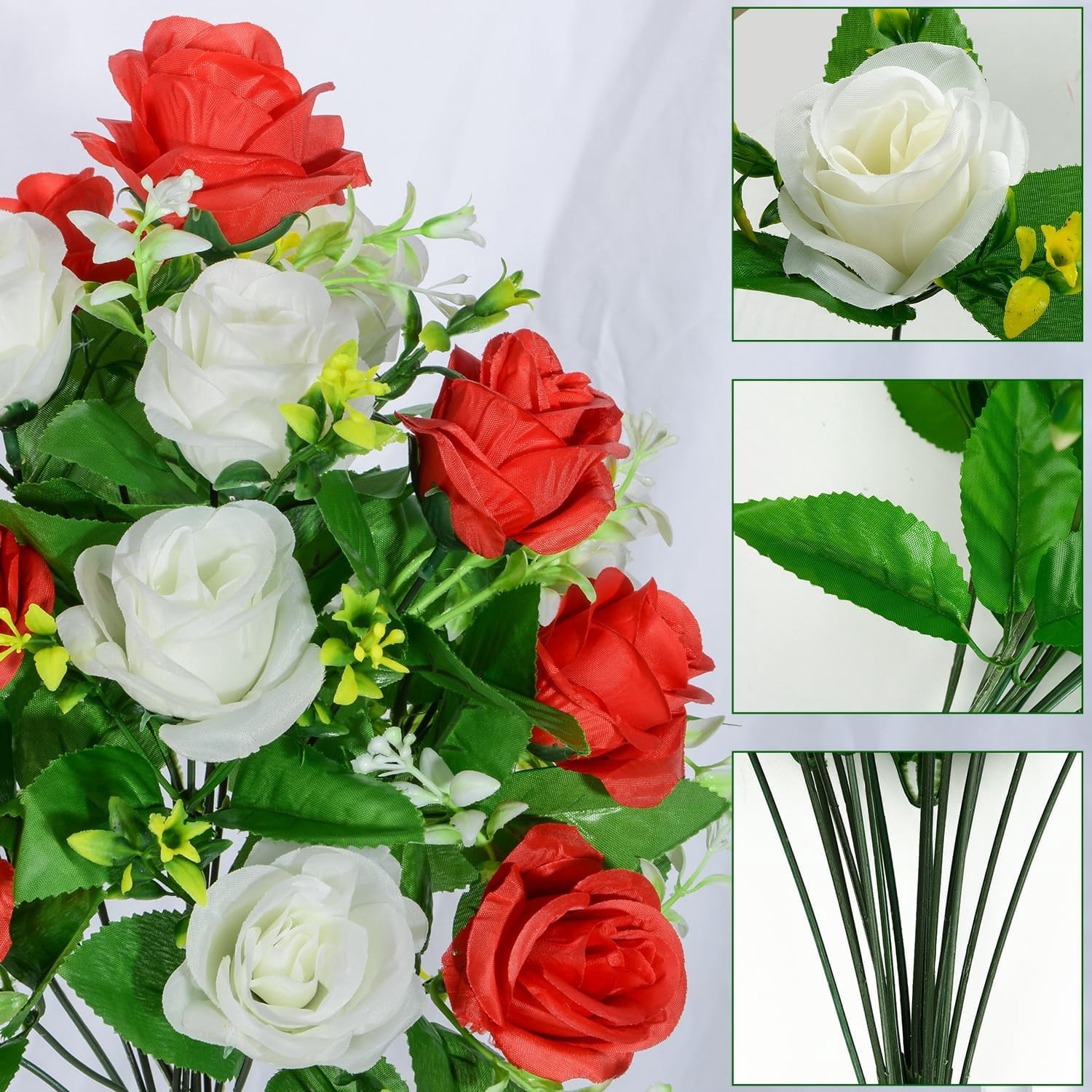 Artificial Cemetery Flowers, Set of Artificial Rose Bouquet Graveyard Memorial Flowers with Vase for Cemetery Headstones Decoration (White&Red-Pcs)