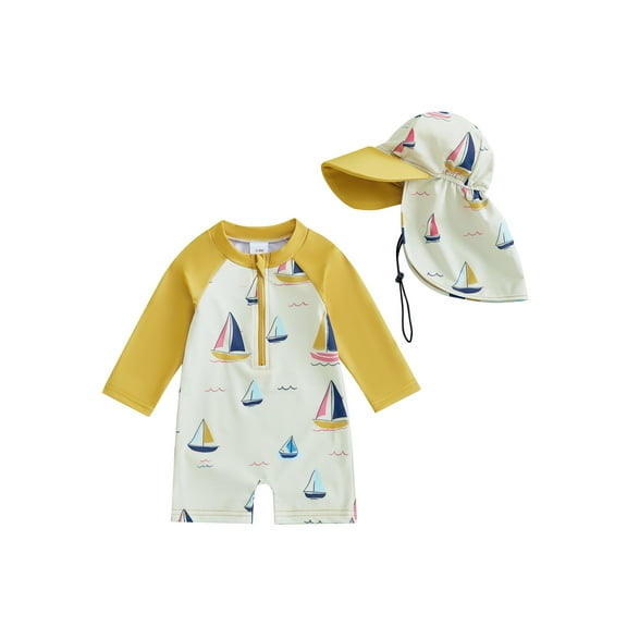 BemeyourBBs Toddler Baby Boy Girl One Pieces Swimsuit with Sun Hat Infant Baby Boy Bathing Suit Rash Guard Sailboat Print Zip Up Long Sleeve Crew Neck Swimwears Summer Pool Beachwear