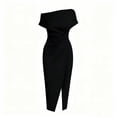 thumbnail image 4 of NTACZA Flowy Dresses for Women Wedding Guest Dresses Formal Dressy Midi Asymmetrical Neckline Off the Shoulder Ruched Waist Black L, 4 of 6