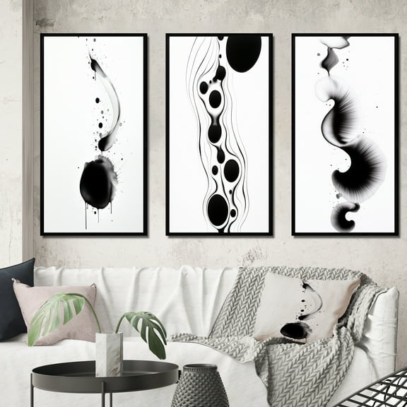 Designart "Monochromatic Harmony Subtle Ink Symphony III" Abstract Painting Framed Wall Art Set Of 3 - Black Modern Frame Canvas Set For Living Room Decor