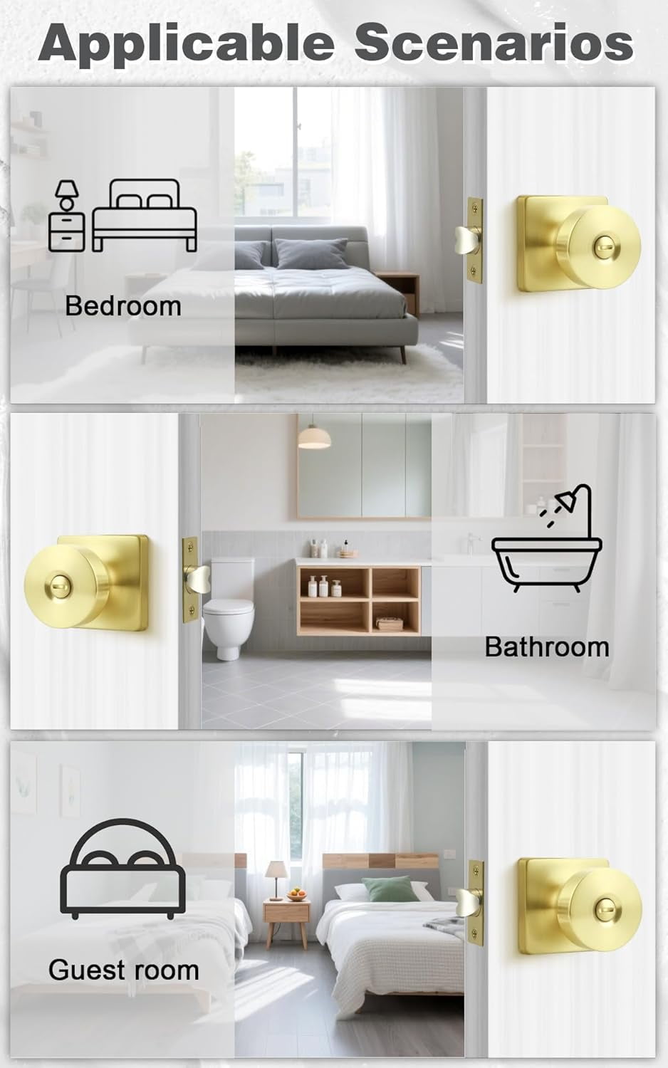 Bedroom Door Knobs Interior, Privacy Keyless Door Handles for Bedroom or Bathroom, 1 Pack Square Panel Door Knob in Brushed Gold Finish