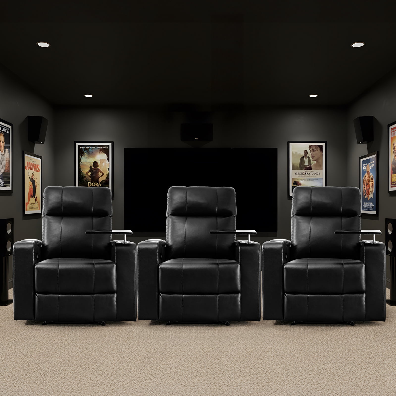 Bonzy Home Electric Power Recliner Chair Set of 3, Leather Home Theater Seating with Swivel Tray Cup Holders USB Port & Hidden Storage, Reclining Chair Sofa Furniture for Movie Room, Black