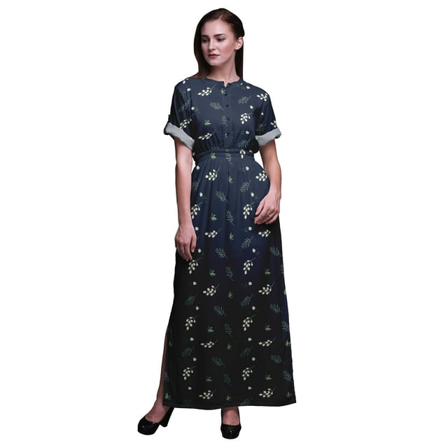 Bimba Robe Maxi à Fente Latérale Imprimée Feuilles de Pacanier en Rayonne Taille Smockée - Grande