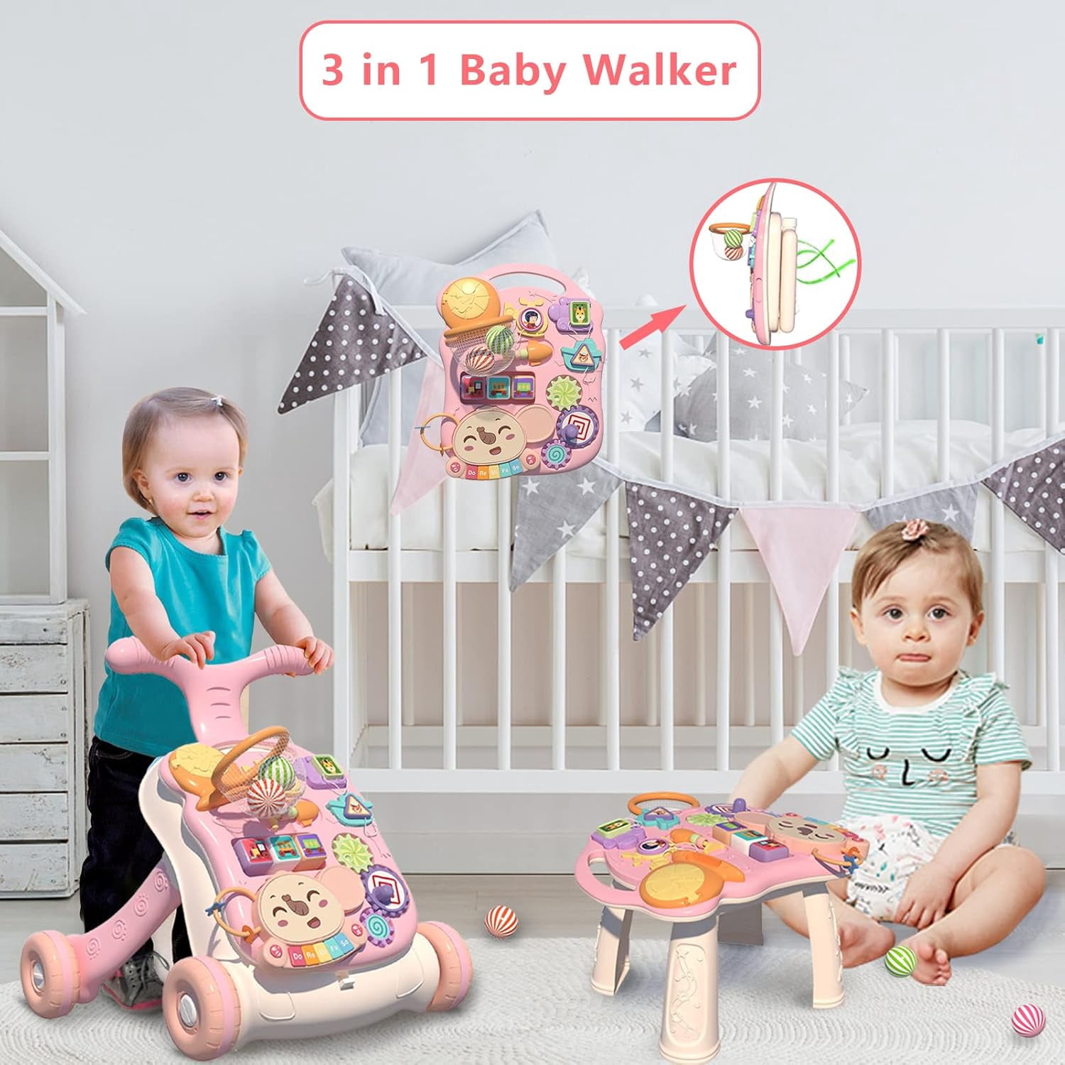 2-in-1 Sit to Stand Learning Walker & Activity Center - Adjustable Speed Baby Walker with Music, Shape Sorter & Basketball Hoop - Educational First Steps Toy Gift for Infants 6-24 Months
