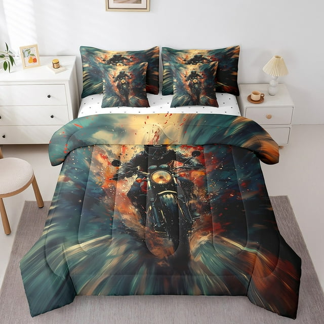 YST Dirt Bike 7-Piece Comforter Set, Motorcycle Racer Bedding for Kids, Queen