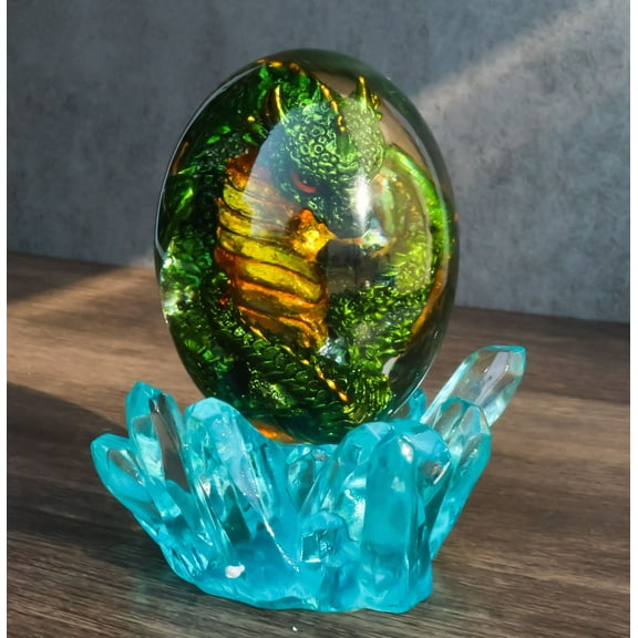 Green Fossil Dragon Hatchling Sleeping in Crystal Acrylic Glass Egg Figurine