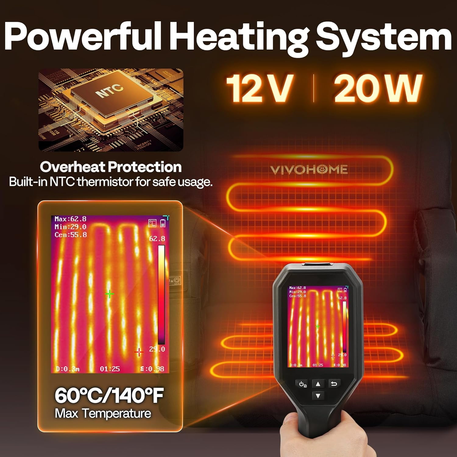 SPECSTAR Heated Stadium Seats with Back Support and Cushion, 2 Pack Bleacher Chairs with 12V 20W PD Fast Charging Type C Port, 3 Levels of Heat, NTC Overheat Protection System(Power Bank not Include