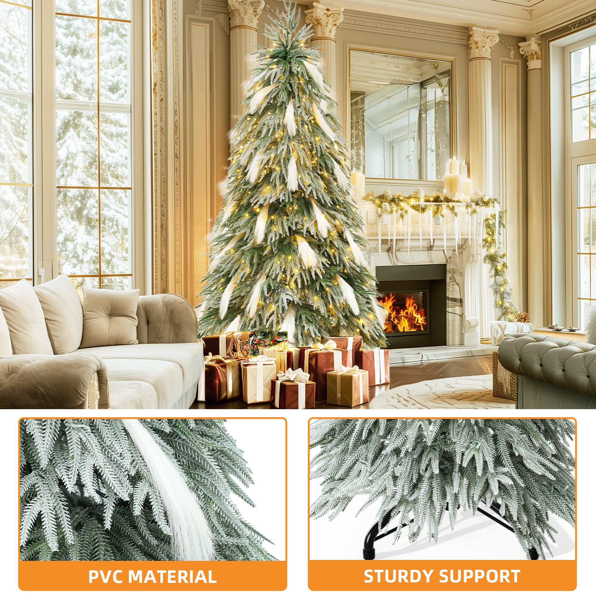 Uforic 7.5ft Pre-Lit Flocked Drooping Pampas Christmas Tree with 558 Branch Tips and 600 Lights