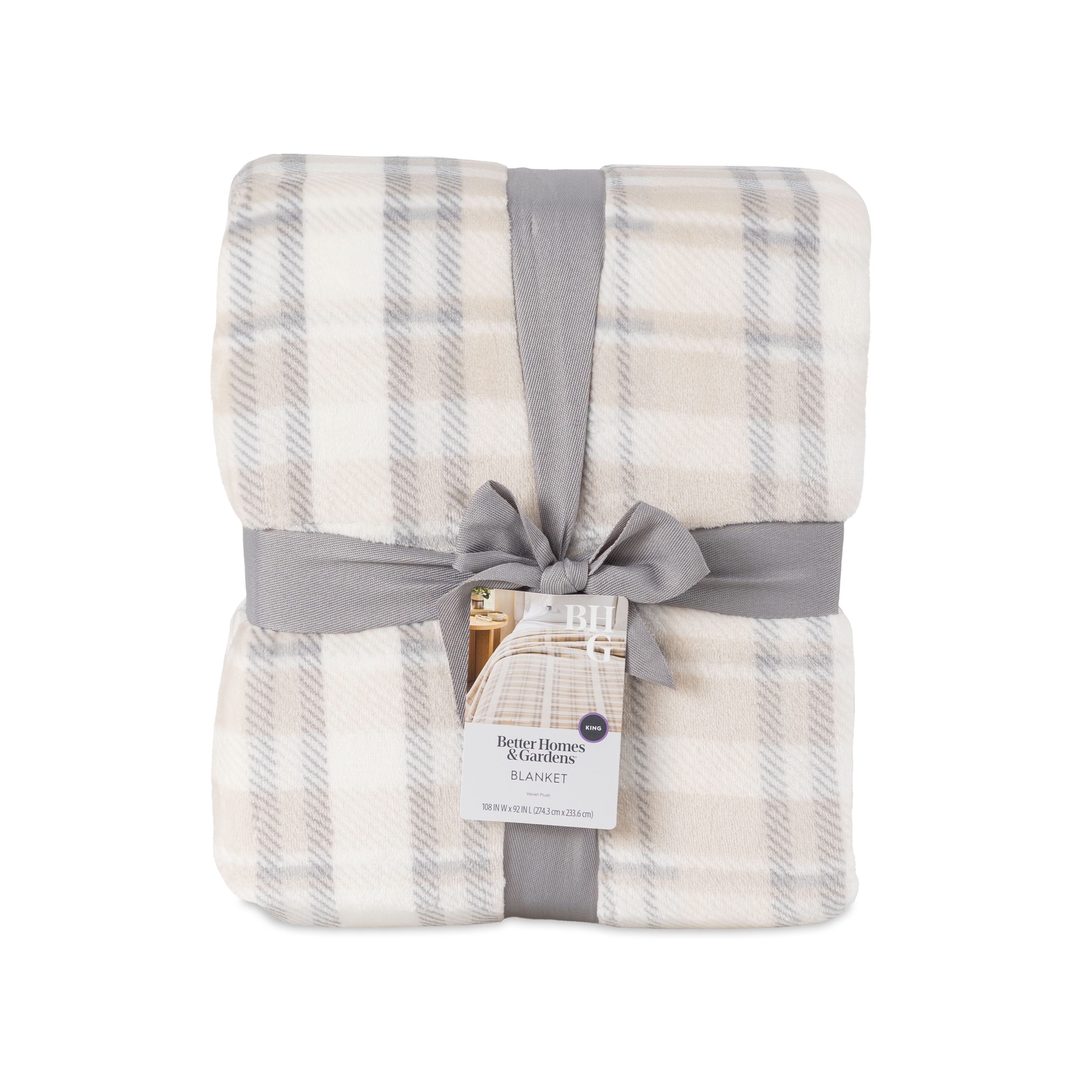 Better Homes & Gardens Velvet Plush Bed Blanket, King, Grey Plaid
