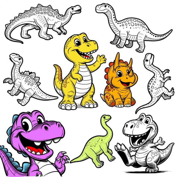 Wall Art Impressions 20"x20" Giant coloring poster - Set Various Dinosaurs in a simple, clear line art style for creative Children coloring