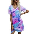 thumbnail image 1 of Yuyuzo Robes T-Shirts pour Femmes Manches Courtes Col en V Mini Robe Ourlet Froncé Couleur Dégradée Robes Courtes Décontractées, 1 of 4
