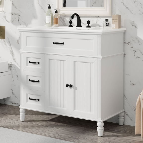 WGYPRIME 36" Bathroom Vanity with Sink, Modern Bathroom Cabinet with 3 Drawers and 2 Doors, Acacia Wood Frame Freestanding Bathroom Vanity Cabinet