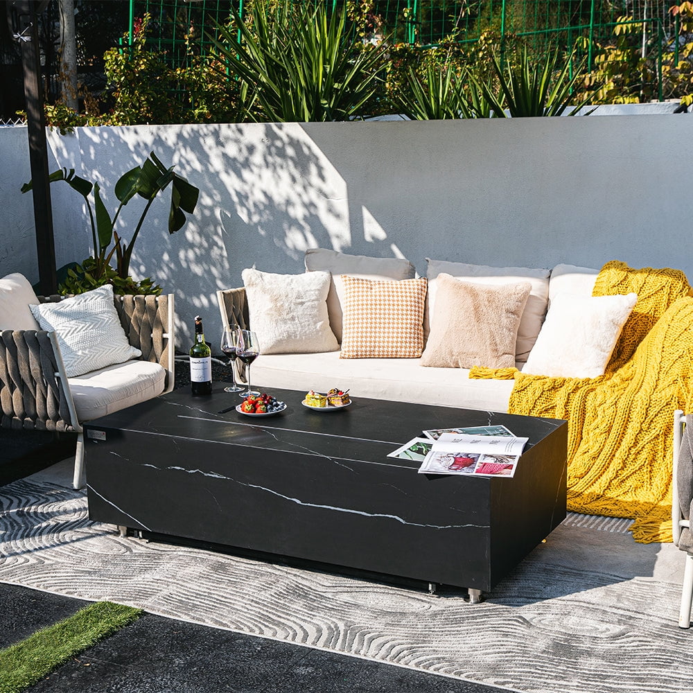 Elementi Plus Varna Natural Gas Fire Pit Outside Outdoor Fire Pit Table Smokeless Firepit Marble Porcelain Rectangular Fire Table Patio Heater Fireplace 60000 BTUs - Bulgaria Black, 59.8 x 28 Inches