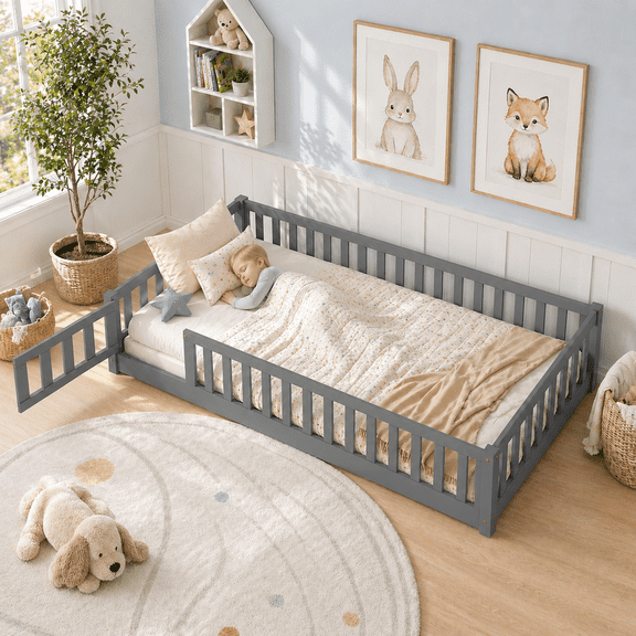 UHOMEPRO Twin Size Floor Bed with Slats and Safety Guardrail, Twin Size Montessori Floor Bed with Fence and Door, Easy Assemble Montessori Beds for Kids, Girls, Boys, Grey
