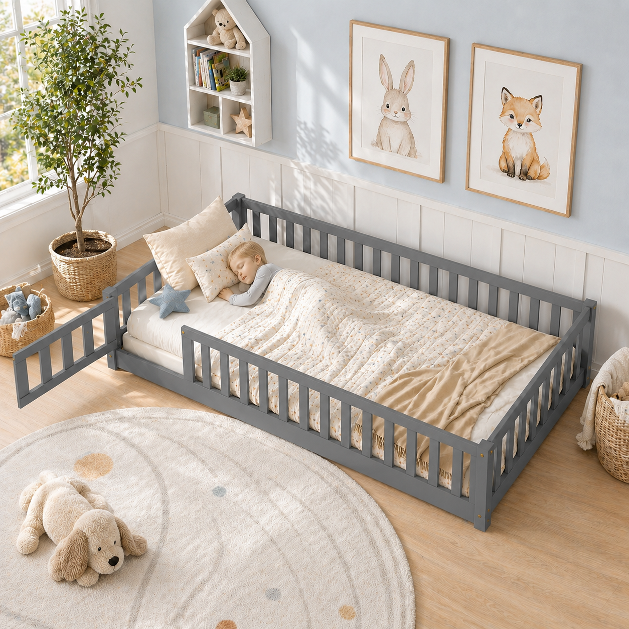 UHOMEPRO Twin Montessori Floor Bed with Safety Rails, Gray photo 1