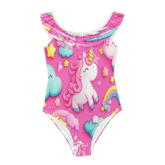 Girls Ruffled One Piece Swimsuit Summer Beach Vacation Swimwear Tank Swimsuit Unicorns and Clouds