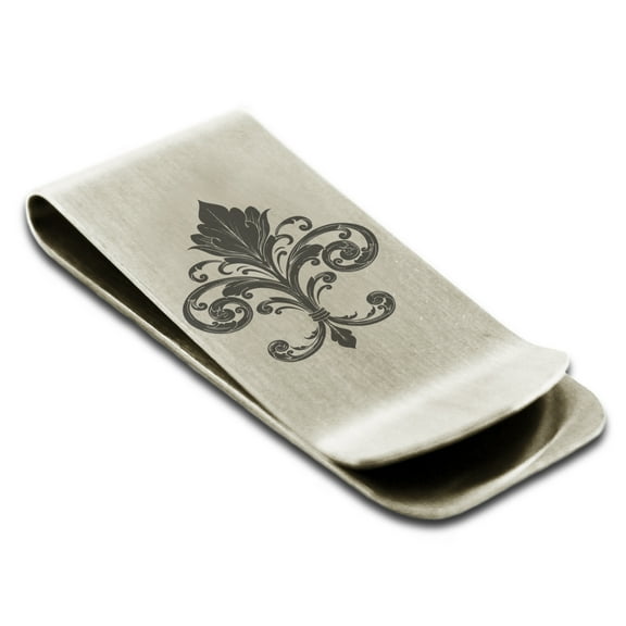 Stainless Steel Ornate Fleur De Lis Engraved Money Clip Credit Card Holder