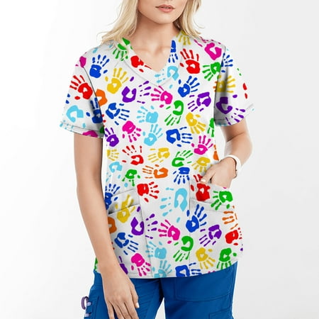 

Hesxuno Womens Plus Size Scrubs Women Tops Short Sleeve V-neck Tops Working Uniform Tie-Dye Gradient Rainbow Floral Print With Fours Pockets Blouse Summer Nurse Shirts Scrubs
