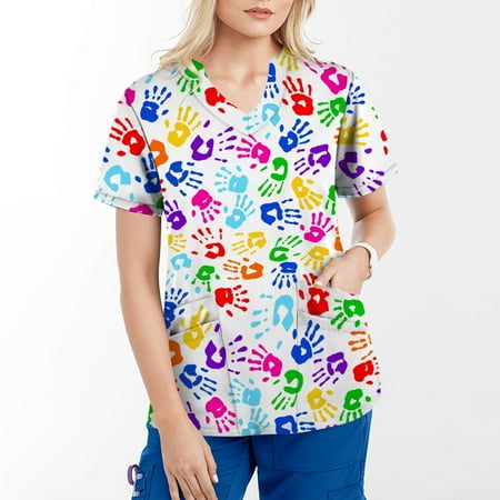 

Hesxuno Womens Plus Size Scrubs Women Tops Short Sleeve V-neck Tops Working Uniform Tie-Dye Gradient Rainbow Floral Print With Fours Pockets Blouse Summer Nurse Shirts Scrubs