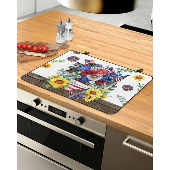 nqOlkjepod Large Induction Cooktop Protector Mat 28.5"x20.5", 4th of July Stove Top Covers for Electric Stove, Independence Day Sunflower Decorative Stove Burner Cover Mats, Glass Top Stove Cover