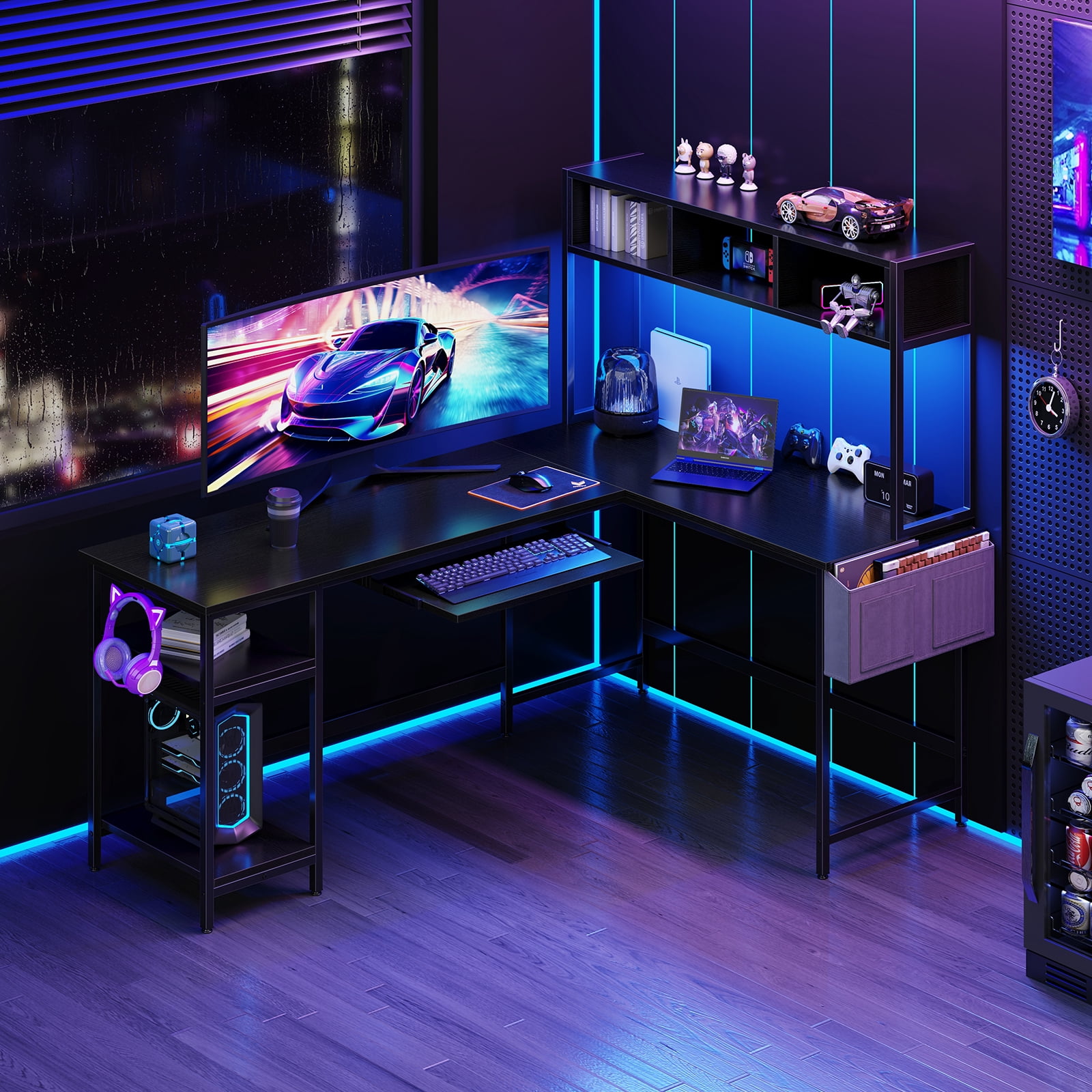 MCQ 94.5" Large L-Shaped Gaming Desk with LED Lights, Power Outlets, Drawer, Keyboard Tray & Hutch, Black