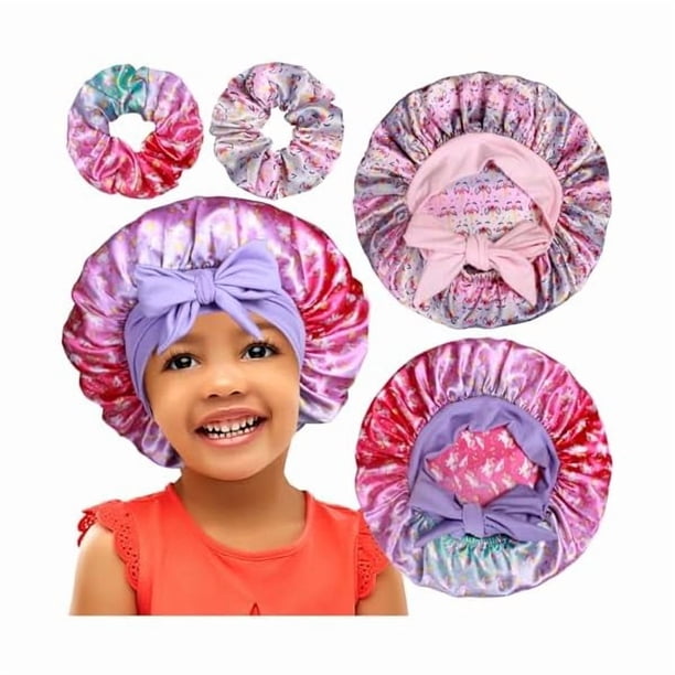wonima11 2+2 Satin Bonnets with Scrunchies for Kids, Cute Hair Bonnets for Girls Sleeping Curly Hair, G
