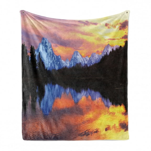 Wyoming Soft Flannel Fleece Throw Blanket, Snake Lake at Grand Teton National Park Fascinating Sunset View with Reflections, Cozy Plush for Indoor and Outdoor Use, 50" x 60", Multicolor, by Ambesonne