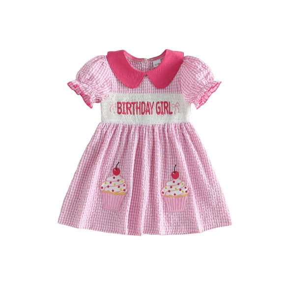 BemeyourBBs Toddler Baby Girl Birthday Dress Outfits 1 2 3 4 5 Years Old Birthday Clothes Plaid Cupcake Bow Embroidered Short Sleeve Doll Collar A-line Smocked Dresses