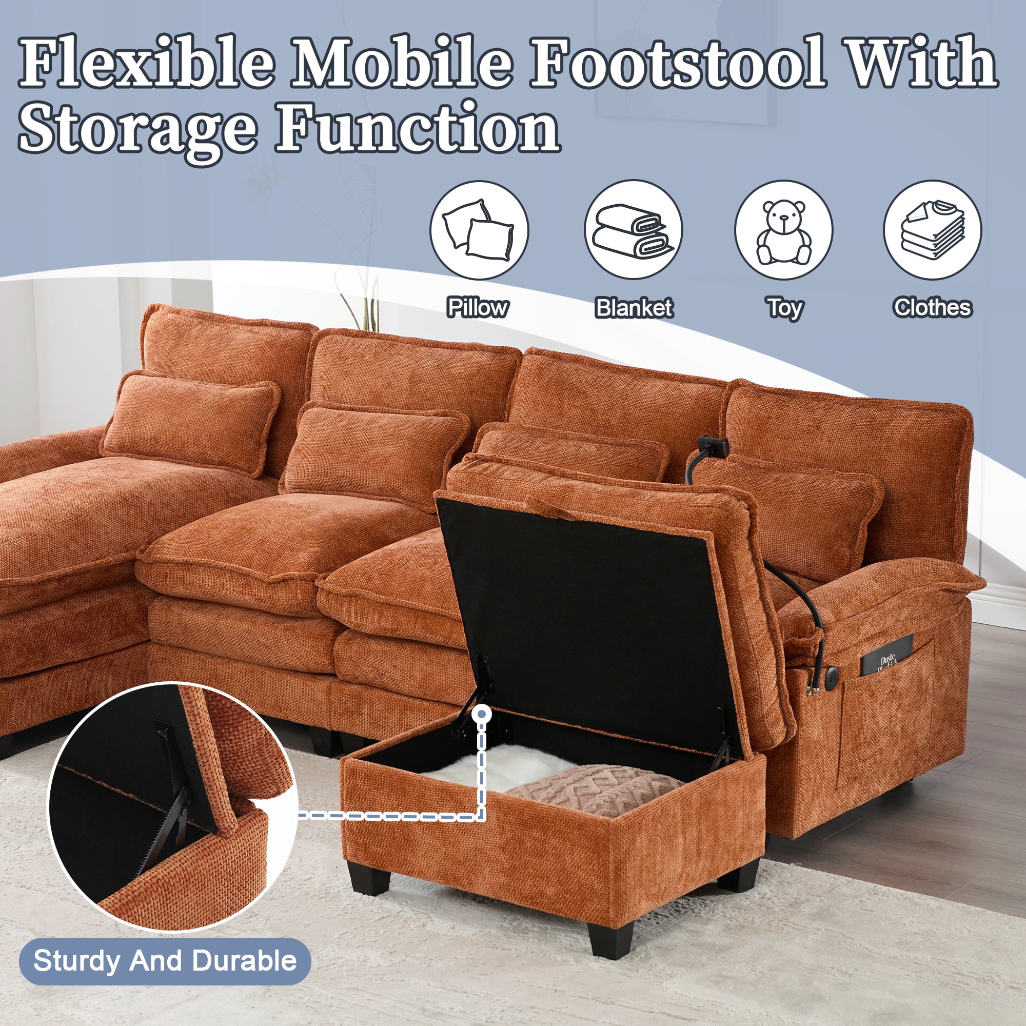 MOONMISS Chenille Upholstered Oversized U-shaped Comfy Modular Sectional Sofa with Storage Ottoman-Orange