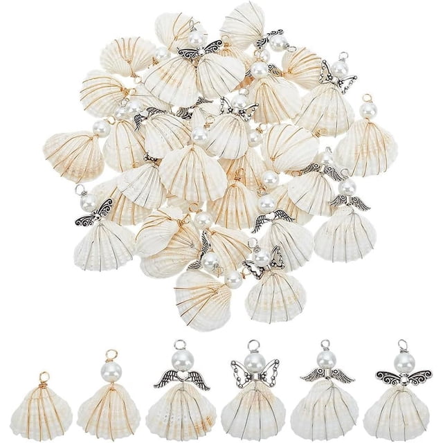 6 estilos de colgantes de concha natural, 36 piezas de conchas marinas blancas naturales, dijes de ángel con cuentas de perlas de vidrio, dije de mar oceánico.