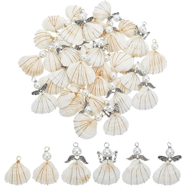 6 estilos de colgantes de concha natural, 36 piezas de conchas marinas blancas naturales, dijes de ángel con cuentas de perlas de vidrio, dije de mar oceánico.