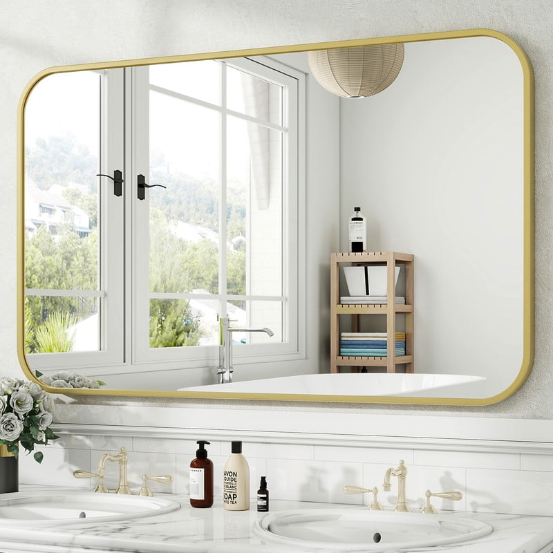 Easy4Home 48"x30" Rectangular Bathroom Mirror Hanging Rounded Corners Vanity Mirror Wall Mounted, Gold