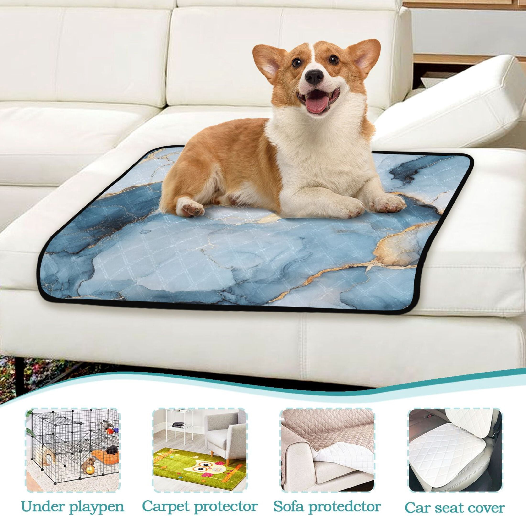 Qxltty Light Blue Gilt Marble Cat litter Pads Pet Set of 3 Diaper Mats Center Anti-leakage Layer Absorbent Soft and Comfortable