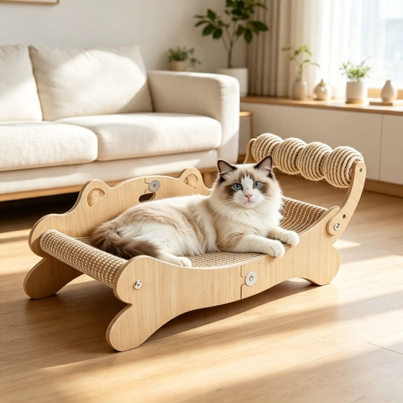 Finew 3-in-1 Wooden Sisal Cat Scratcher Bed, 26.77 Inch Scratching Chaise with Rotating Play Ball, Cat Sofa for Kittens & Adult Cats