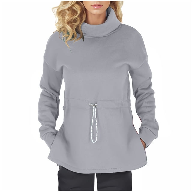cfhntfmh Winter Sweater for Women Warm High Neck Long Sleeve Fleece Basic Tops Soft Side Slit Drawstring Waist Pullover Shirts