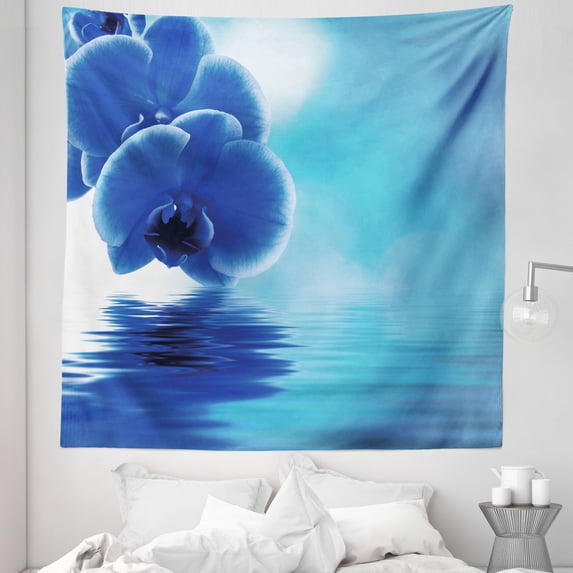 Flower Tapestry, Orchid Floral Design with Reflection to a River Water Image Photo, Fabric Wall Hanging Decor for Bedroom Living Room Dorm, 5 Sizes, Violet Blue White, by Ambesonne