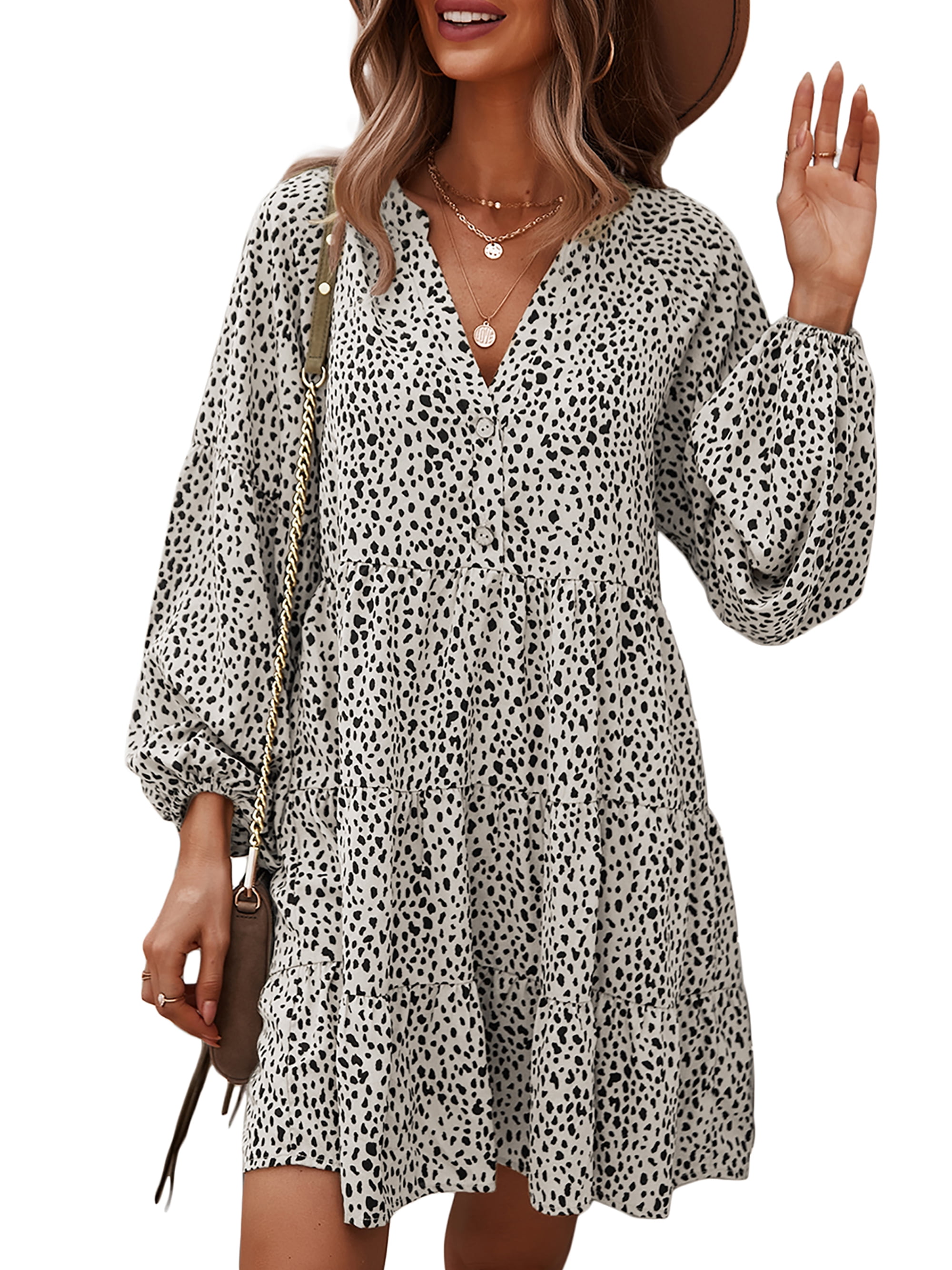 SHIBEVER Fall Long Sleeve Leopard Floral Tunic Dress for Women Boho V