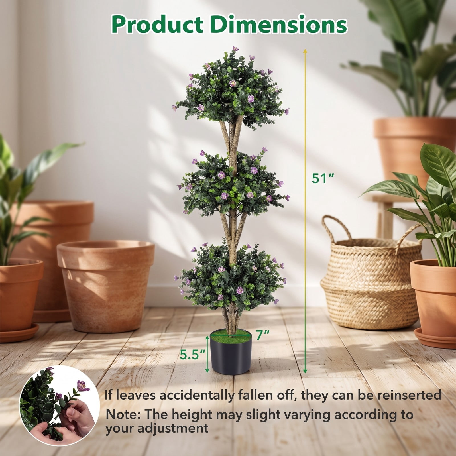 Fenbeli 51 Inch Artificial Triple Ball Boxwood Topiary Tree with 59 Purple Blossoms, Faux Potted Boxwood Plant with Cement-Filled Pot for Indoor Outdoor Porch, Purple