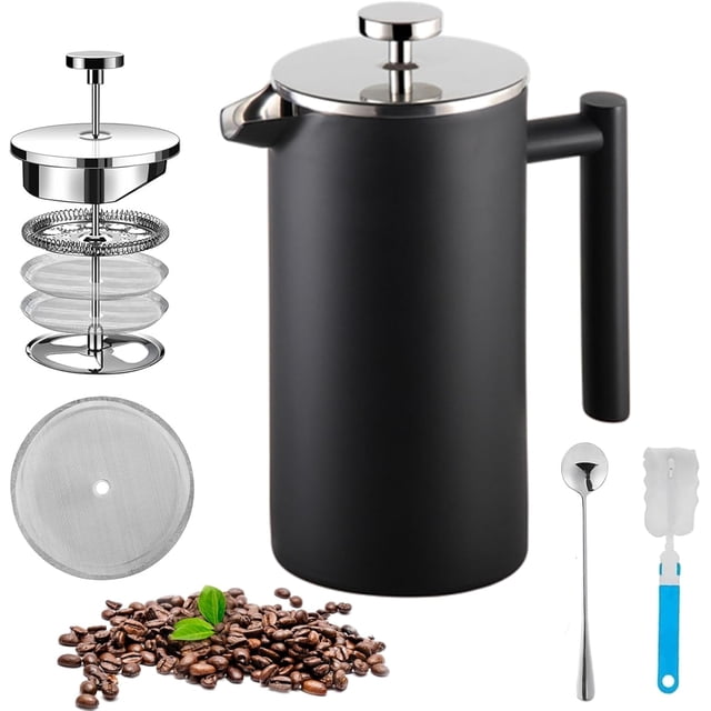 Cafetera Prensa Francesa de Acero Inoxidable Doble Pared, 1000ml y Tetera Émbolo con Filtros, 1 Cucharas Cepillo Esponja para Hacer Café Té Mejor(negro) negro