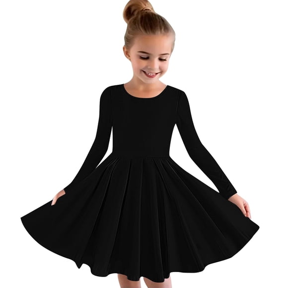 RXIRUCGD Girls Long Sleeve Stretchy Dress A Line Twirly Skater School Recital Dress, Black, Size: 7 Years