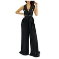 thumbnail image 2 of Summer Jumpsuit for Women Office Collared Button Front Tie Knot Waist Jumper Pleated Wide Leg HolLow Back Work Outfits, Black, S, 2 of 7