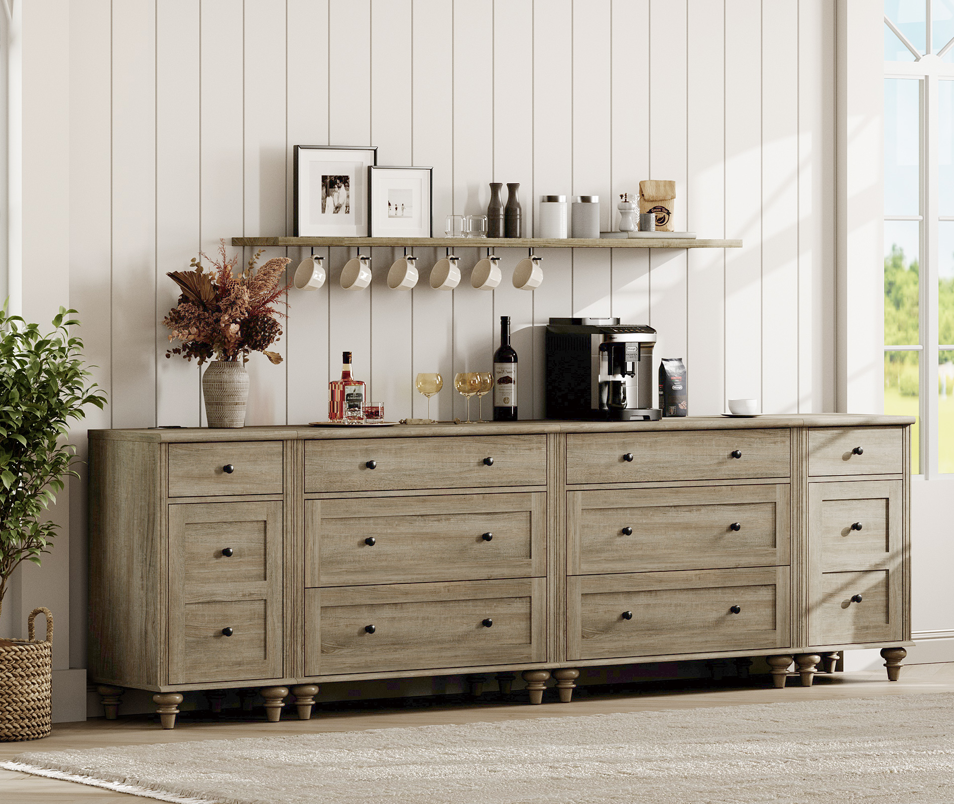 WAMPAT Farmhouse TV Stand for 100 Inch TV, 3-in-1 TV Console Table with Drawers and Ample Storages, Entertainment Center with Charging Station for Living Room, Wash Grey